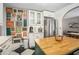 Bright kitchen featuring unique art wall, stainless steel refrigerator, and butcher block island with black-and-white flooring at 962 Cardova Ne Dr, Atlanta, GA 30324