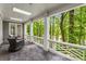 Covered porch with stone tile and wicker chairs, featuring a patterned railing and scenic wooded views at 130 River Ne Lndg, Sandy Springs, GA 30350