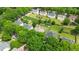 Neighborhood aerial view featuring tree-lined streets, well-maintained homes, and fenced backyards at 7325 Thoreau Cir, Atlanta, GA 30349