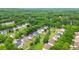An aerial view showcasing a neighborhood with lush green lawns and mature trees offering a serene and Gathering-friendly environment at 7325 Thoreau Cir, Atlanta, GA 30349