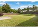 Beautifully landscaped backyard featuring a well-maintained lawn, partial wooden fence, and a concrete patio at 7325 Thoreau Cir, Atlanta, GA 30349
