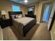 Bedroom with carpet, neutral walls, ceiling fan, and a comfortable bed with stylish bedding at 851 Walkingstick Dr, Douglasville, GA 30134