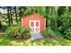 Exterior view of a red shed with white trim surrounded by lush greenery at 1110 Blackwell Rd, Marietta, GA 30066