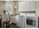 Functional laundry room featuring white appliances, ample storage, and a practical sink area at 9056 Riverbend Mnr, Alpharetta, GA 30022
