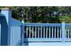Bright blue painted wooden deck with railings and a view of lush greenery at 5683 Isleworth Way, Atlanta, GA 30349