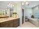 The bathroom boasts a double vanity, soaking tub, walk-in shower, and soothing color palette at 6715 Pond Rd, Cumming, GA 30040