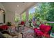 Inviting covered porch with comfortable seating, decorative rug, and an American flag at 6715 Pond Rd, Cumming, GA 30040