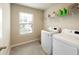 Bright laundry room with modern washer and dryer, storage shelf and a window at 446 Noblewood Dr, Mcdonough, GA 30252