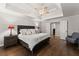 Main bedroom featuring tray ceilings, hardwood floors, and neutral wall color at 4680 Brighton Lake Dr, Cumming, GA 30040
