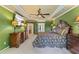 Spacious bedroom with tray ceiling, ceiling fan, large TV, and carpeted flooring at 5260 Harbury Ln, Suwanee, GA 30024