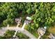 An aerial shot of the neighborhood with wooded lots and in-ground swimming pools at 1020 Travitine Trl, Loganville, GA 30052