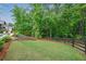 Beautiful backyard featuring a lush lawn, mature trees, a wooden fence, and professionally landscaped garden beds at 131 Forsyth Park Ln, Woodstock, GA 30188