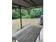 View of the backyard under a covered patio, featuring a wooden table and an AC unit at 244 Hilltop Sw Dr, Atlanta, GA 30315