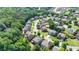 Aerial view showcases a quiet neighborhood with tree-lined streets and well-kept homes at 4885 Maristone Landing Way, Cumming, GA 30040