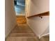 Carpeted stairs with wooden railing leading to lower level with hardwood floors at 300 Gaelic Way, Tyrone, GA 30290