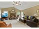 Cozy living room featuring a brick fireplace, plush seating, and a vaulted ceiling with a ceiling fan at 2139 Bramlett Nw Pl, Marietta, GA 30064
