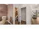 Hallway with a closet, half bathroom and a view into the living room, showcasing the home's practical layout at 358 Friendship Oak Way, Hampton, GA 30228
