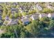 An aerial view highlighting a neighborhood's attractive homes surrounded by mature trees and a scenic pond at 3213 Blackley Old Rd, Douglasville, GA 30135