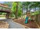 Backyard with a wooden playset, elevated deck, and a privacy fence provides secure and fun play area at 3714 Westbrooke Ne Cir, Brookhaven, GA 30319