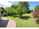 Lush backyard with well-maintained lawn, vibrant trees, and a brick patio area for outdoor enjoyment at 45 Waterloo Ct, Hiram, GA 30141