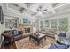 Inviting living room with stone fireplace and coffered ceiling, perfect for relaxing or entertaining at 1136 Garner Creek At Parkview Sw Dr, Lilburn, GA 30047