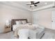 This is a neutral bedroom with a ceiling fan, carpet, and a bench at the foot of the bed at 3585 Adelaide Xing, Brookhaven, GA 30319