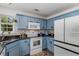 Cozy kitchen featuring blue cabinets, modern appliances, and ample counter space at 3835 Annandale Ln, Suwanee, GA 30024