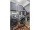 Laundry area with modern, stainless steel washer and dryer and gray cabinets at 3835 Annandale Ln, Suwanee, GA 30024