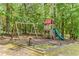 Backyard playground set includes a swing and elevated platform with a slide at 3835 Annandale Ln, Suwanee, GA 30024