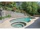 Backyard pool with spa tub is enhanced by a stone retaining wall, lush landscaping, and mature trees at 6300 Mountain Brook Ln, Atlanta, GA 30328