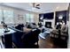 Spacious living room featuring hardwood floors, a fireplace, and stylish decor with large windows at 133 Canal St, Hampton, GA 30228