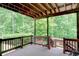 Back porch with stained wood railing, ceiling and post and beam construction overlooks a lush forest at 7520 Ledgewood Way, Suwanee, GA 30024