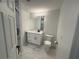 Updated bathroom with a white vanity, modern fixtures, and a sleek toilet for a clean and functional space at 3050 Camden Way, Alpharetta, GA 30005
