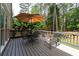 Cozy deck furnished with table and chairs and umbrella overlooking wooded backyard at 220 Galesburg Dr, Lawrenceville, GA 30044