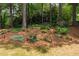 Backyard with landscaped area, large trees, and landscape lighting at 220 Galesburg Dr, Lawrenceville, GA 30044