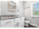 Bright bathroom features a granite countertop, white cabinets, modern fixtures, and natural light at 5008 Monticello Dr, Villa Rica, GA 30180