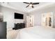 Spacious primary bedroom featuring a trey ceiling, fan, and a large wall-mounted television at 5008 Monticello Dr, Villa Rica, GA 30180