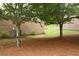 Backyard featuring lush greenery and a brick retaining wall at 989 Brownstone Ln # 16, Marietta, GA 30008