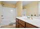 Bright bathroom featuring a tub-shower combination, a vanity with storage, and neutral decor at 456 Crestmont Ln, Canton, GA 30114