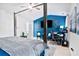 Large bedroom with a four-poster bed, a workspace featuring dual monitors, and a contrasting blue accent wall at 456 Crestmont Ln, Canton, GA 30114