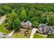 Aerial shot of a well-maintained two-story brick home with lush landscaped front yard and long driveway at 710 Devon Hill Ct, Roswell, GA 30075