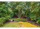 Overhead view of a spacious, wooded backyard with a wood playhouse surrounded by lush greenery at 710 Devon Hill Ct, Roswell, GA 30075