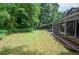 Beautiful backyard with manicured lawn, covered patio, and lush greenery at 5697 Brooklyn Ln, Norcross, GA 30093
