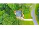 An aerial view of a home nestled among lush green trees with a driveway and a wooden back deck at 138 Hartwood Dr, Woodstock, GA 30189