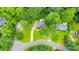 Aerial view of a home surrounded by trees in a tranquil neighborhood setting at 138 Hartwood Dr, Woodstock, GA 30189