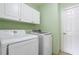 Laundry area featuring a modern washer and dryer, and bright cabinetry at 174 Saint Georges Ct, Suwanee, GA 30024