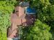 Aerial view of a home with a swimming pool surrounded by lush greenery and mature trees at 3809 Cotswold Sw Dr, Lilburn, GA 30047