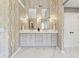 Bright bathroom featuring double vanity, sleek countertops, modern faucets, large mirrors and stunning decorative wallpaper at 1348 Bridgemill Ave, Canton, GA 30114