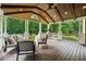 Relaxing covered porch features comfortable seating options and views of a lush, wooded yard at 1348 Bridgemill Ave, Canton, GA 30114