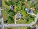 Aerial view showcasing a home, private pool, and surrounding landscaping in a residential neighborhood at 100 Sydney Smt, Villa Rica, GA 30180